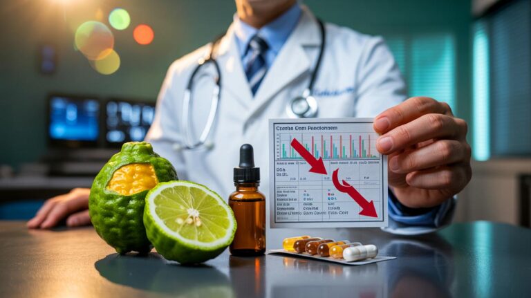 Illustration of Calabrian bergamot fruit, a standardized extract bottle, and a cholesterol lab report indicating reduced LDL
