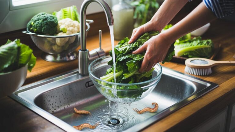 Illustration of properly washing vegetables under running water to remove hidden worms, insects, and dirt