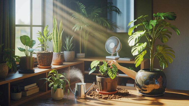 Illustration of houseplants dying indoors due to mismatched light, watering, soil, humidity, and airflow conditions