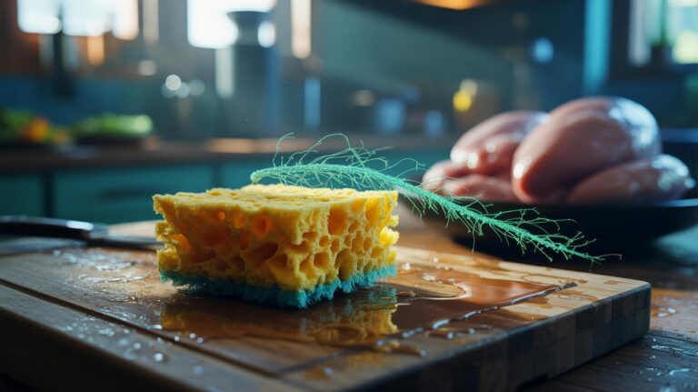 Illustration of a bacteria-laden kitchen sponge spreading germs on dishes and countertops