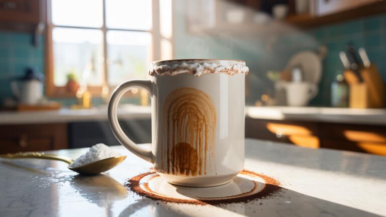 Illustration of baking soda paste being used to remove coffee stains from a white ceramic mug, leaving the cup sparkling clean.