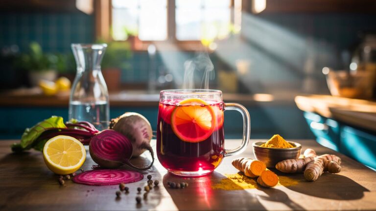 Illustration of a warm lemon, beetroot, and turmeric morning tonic in a glass mug with black pepper beside fresh ingredients.