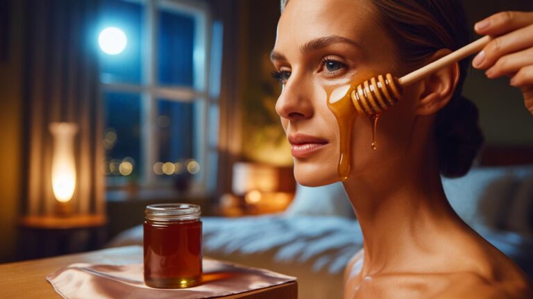 Illustration of raw honey applied as an overnight facial treatment to hydrate skin and visibly smooth fine lines and wrinkles