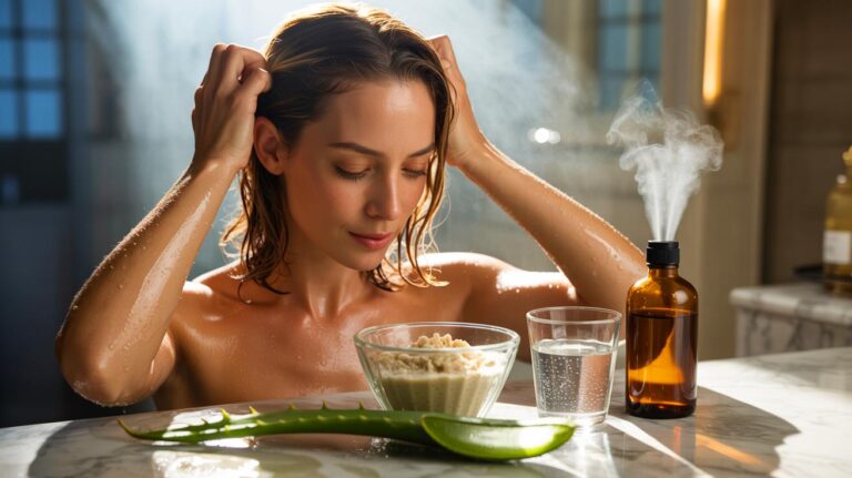 Illustration of a natural no-shampoo hair routine using rye flour, aloe vera gel, and diluted apple cider vinegar to leave hair clean and shiny