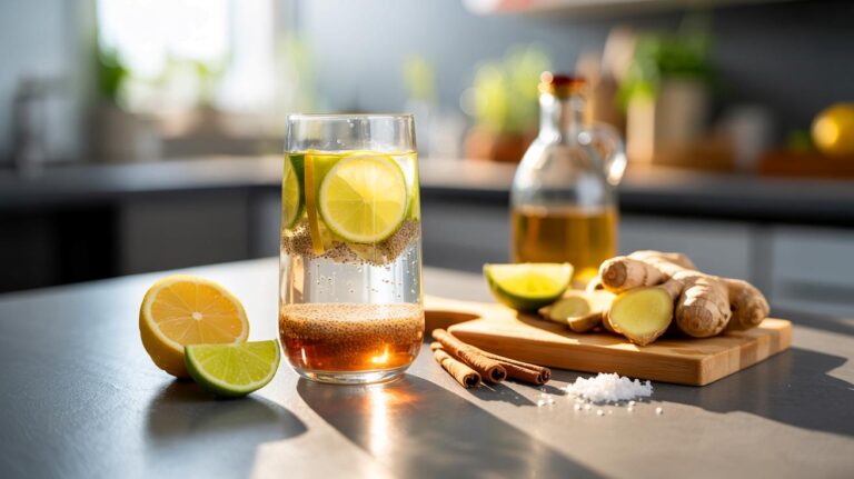 Illustration of a glass of ginger–citrus chia hydration tonic without sugar or caffeine, surrounded by lemon, fresh ginger, chia seeds, sea salt, and cinnamon