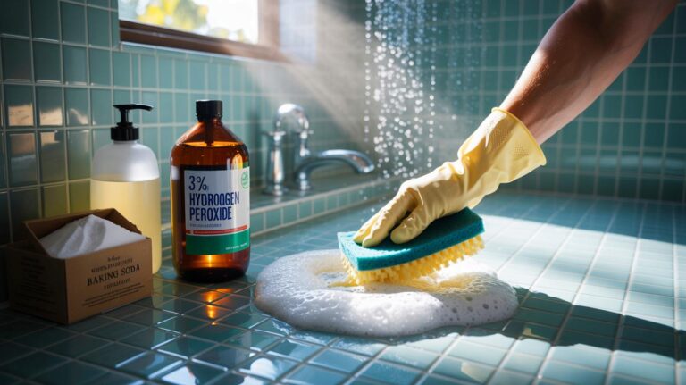 Illustration of a bathroom being cleaned with a simple mix of baking soda, 3% hydrogen peroxide, and dish soap, without vinegar or bleach