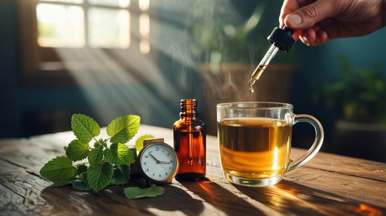 Illustration of lemon balm (Melissa officinalis) prepared as tea and tincture for quick stress relief.