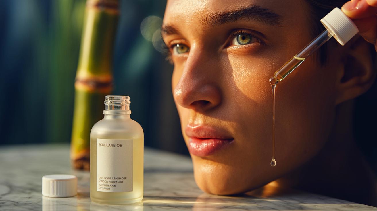 Illustration of squalane oil being applied to facial skin for a calm, hydrated, youthful-looking complexion