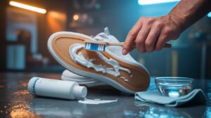 Illustration of a hand scrubbing a shoe's rubber midsole with non-gel white toothpaste and a soft toothbrush