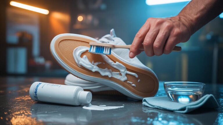 Illustration of a hand scrubbing a shoe's rubber midsole with non-gel white toothpaste and a soft toothbrush
