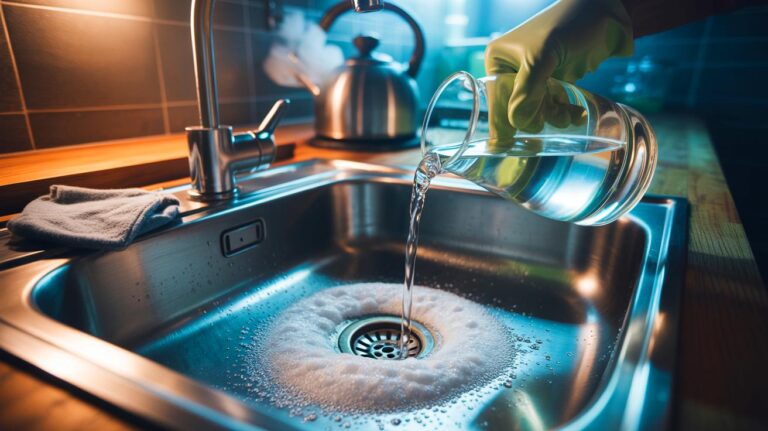 Illustration of [the two-ingredient trick with baking soda and white vinegar being used to unclog a sink drain]