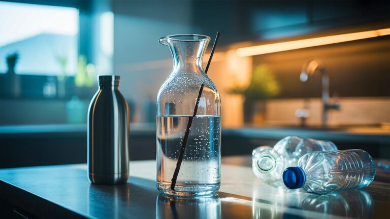 Illustration of a glass carafe of tap water with an activated charcoal stick, a plastic-bottle-free method to keep water fresh for weeks