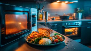 Illustration of microwaving leftovers and the effects on food safety, uneven heating, and texture