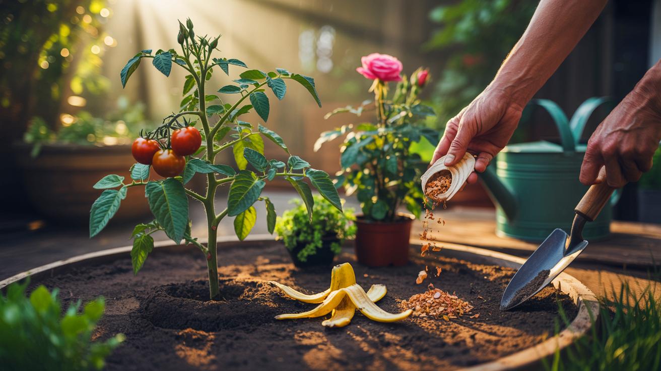 Illustration of banana peels being repurposed as natural fertilizer for garden plants