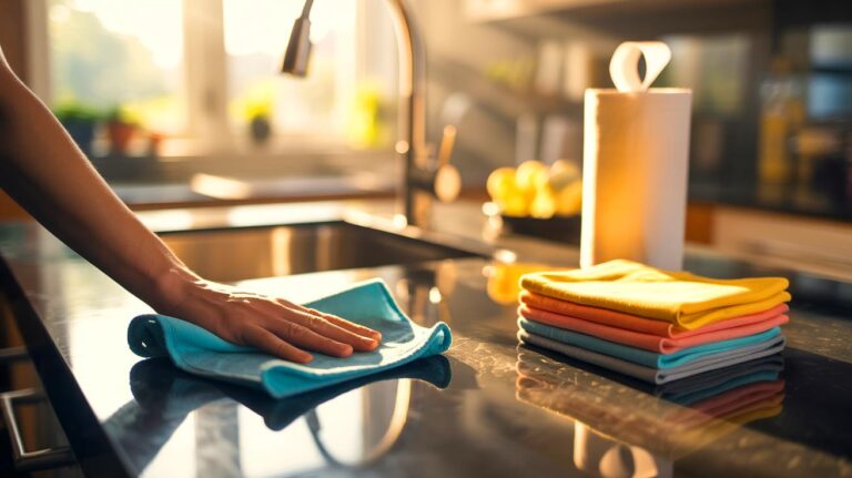 Illustration of reusable microfiber cloths replacing paper towels for household cleaning