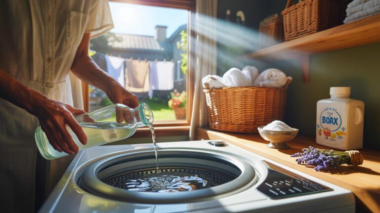 Illustration of white vinegar being poured into a washing machine’s rinse cycle to keep laundry smelling fresh all week