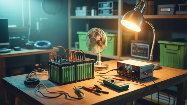 Illustration of reclaimed 18650 lithium-ion cells with a BMS and a compact inverter used to power small appliances like a desk fan and LED lamp