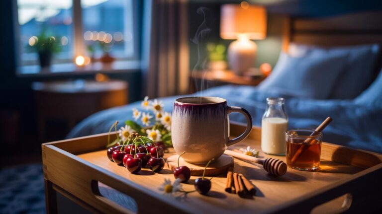 Illustration of a warm bedtime drink made with tart cherry, chamomile, and milk, prepared as a calming nightly ritual for natural sleep