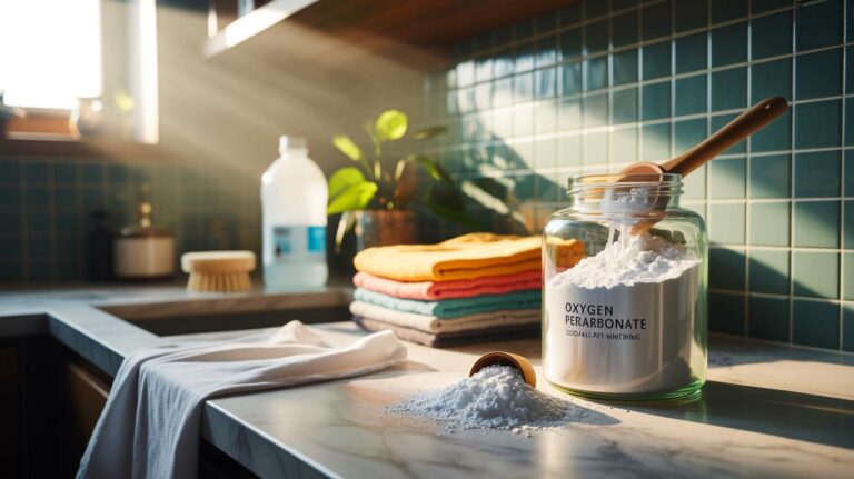 Illustration of oxygen bleach (sodium percarbonate) powder used as a cheap, mineral-based, color-safe alternative to chlorine bleach for home laundry and cleaning