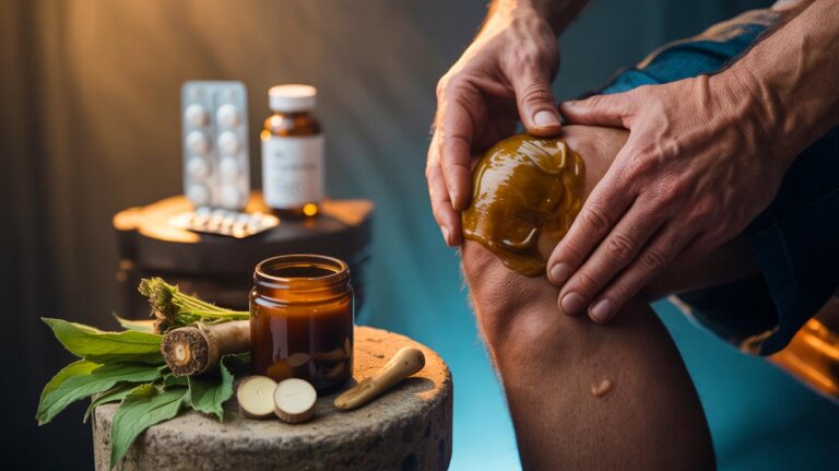 Illustration of a topical comfrey root ointment applied to a painful joint to relieve pain faster than popular painkillers