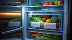 Illustration of a paper towel–lined, vented container in a refrigerator crisper drawer keeping vegetables crisp for twice as long