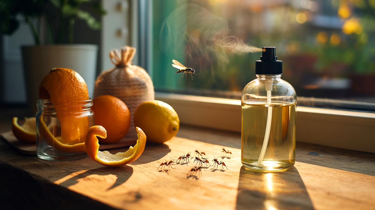 Illustration of citrus peels used as a natural insect repellent in a home setting