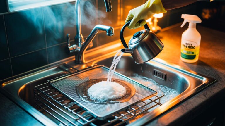 Illustration of hot water and washing soda used to remove heavy kitchen grease from stove grates and a range hood filter