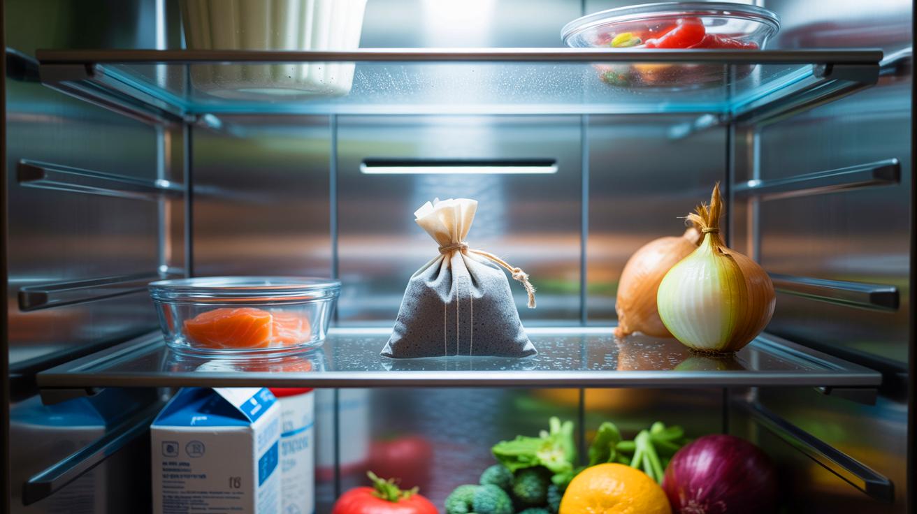 Illustration of an activated charcoal pouch placed on a refrigerator shelf to keep the fridge odor-free for months