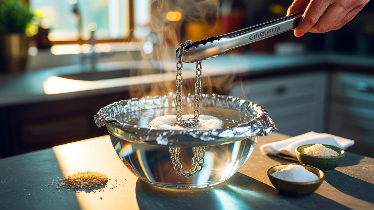 Illustration of silver jewelry being restored in a foil-lined bowl with hot water, baking soda, and salt