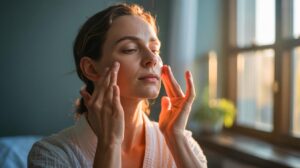 Illustration of a person performing a product-free morning facial massage routine to boost lymphatic drainage and circulation for glowing skin