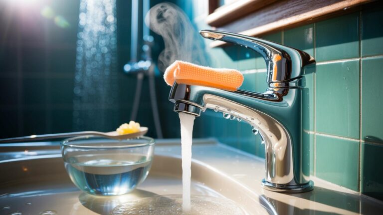 Illustration of a warm citric acid cloth wrap dissolving limescale on a bathroom faucet, without baking soda or vinegar