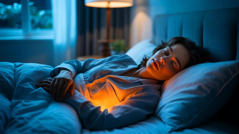 Illustration of a person sleeping in a cool, dark bedroom with breathable bedding and a thermostat set to 65°F (18°C) to increase calorie burn during sleep