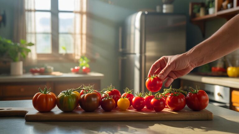 Illustration of ripe tomatoes stored stem-side down on a kitchen countertop at room temperature to keep them fresh